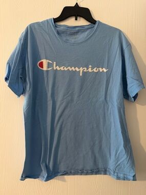 Champion Light Blue Tee with White Script and Red Accent
